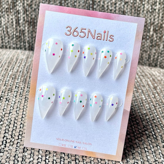 365nails: "Milky White Rainbow Star Glitter Jelly" – Confetti Sequin Handmade Long Almond Nails