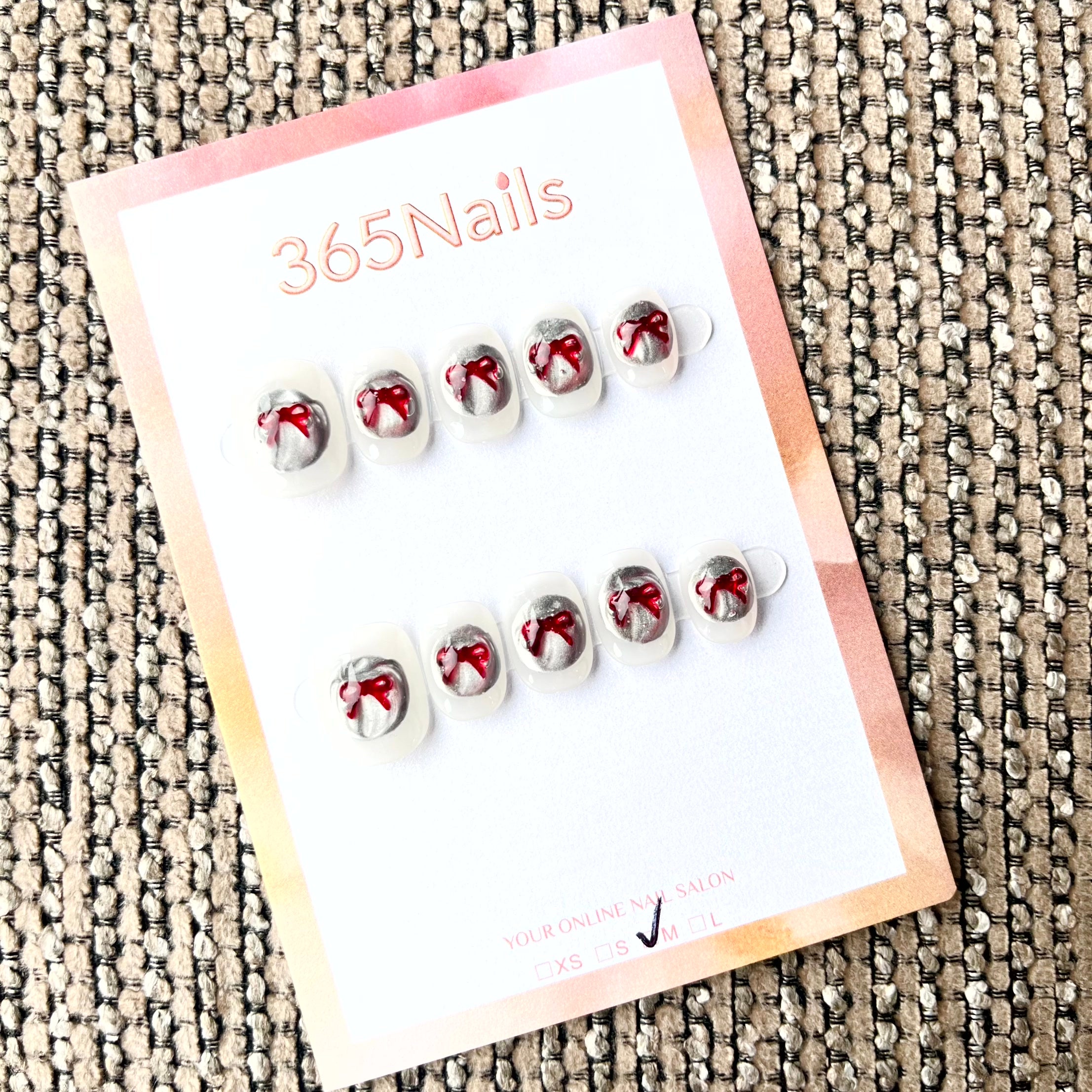365nails: 루비 벨벳 리본 – 3D 입체 수제 숏 스퀘어형 네일
