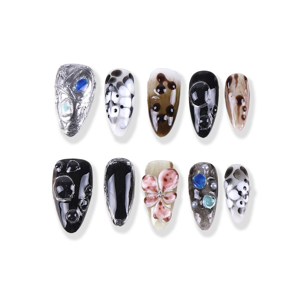 Black and white brown 3D bubbles and crystal flowers long almond shape press on nail