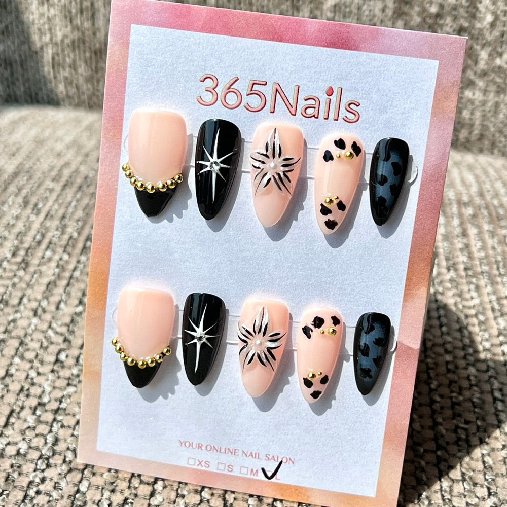 365nails: "Nude Black Cow Print Star Mix" – Handmade Medium Stiletto Press-On Nails
