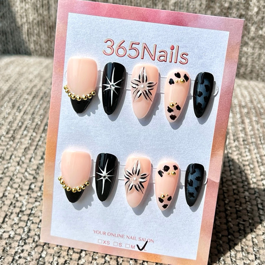 365nails: "Nude Black Cow Print Star Mix" – Handmade Medium Stiletto Press-On Nails