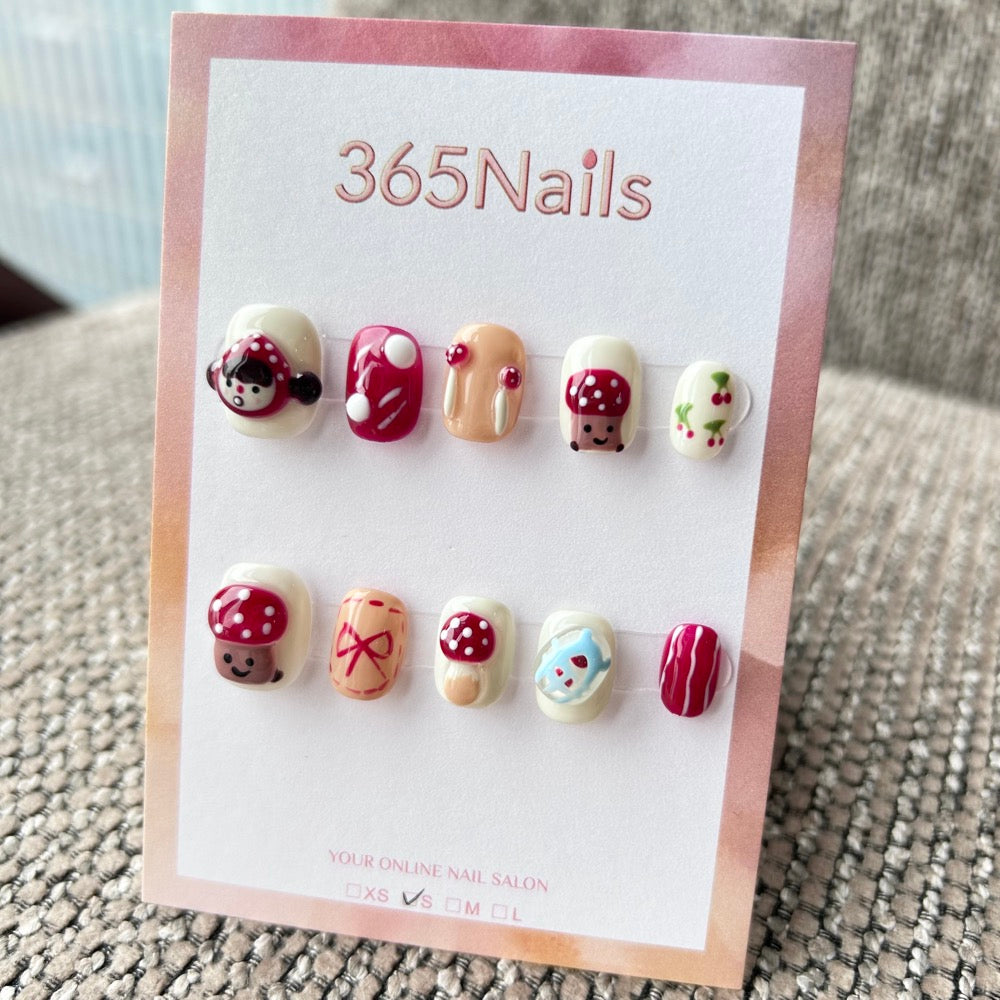 Cartoon & Dopamine: "Red Mushroom Tale" – 3D Mushroom Girl, Cherry Pattern, Burgundy Bow & Creamy Forest Short Nails
