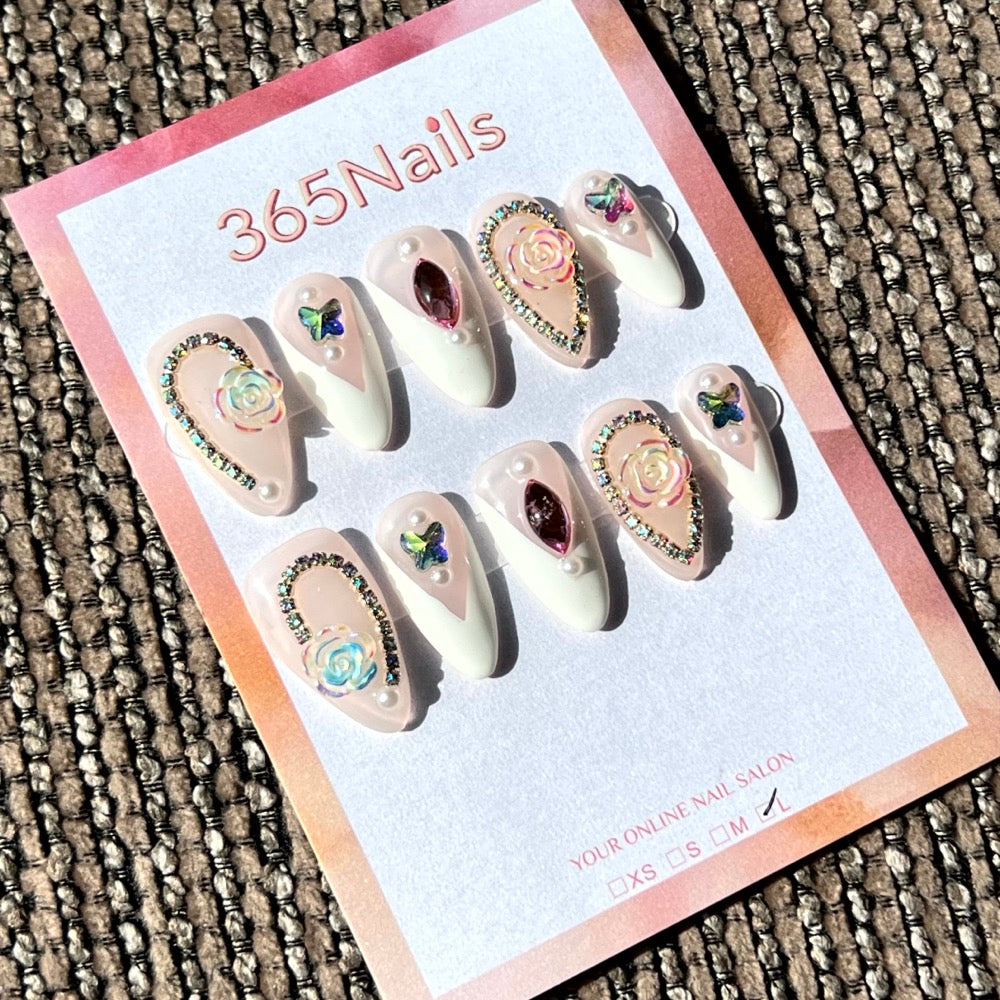 365nails: "Crystal Garden" – 3D Floral Rhinestone Handmade Almond Nails