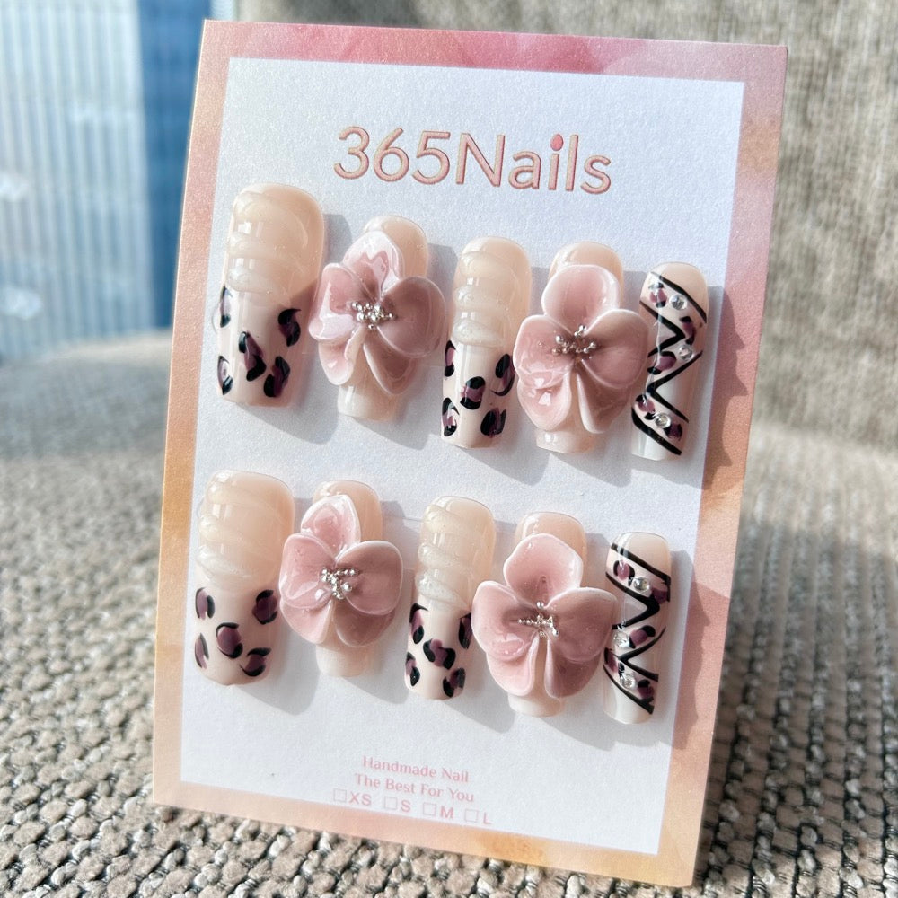 Sculpted Flora: "Wild Orchid" – 3D Dusty Pink Floral & Leopard Print Long Square Nails