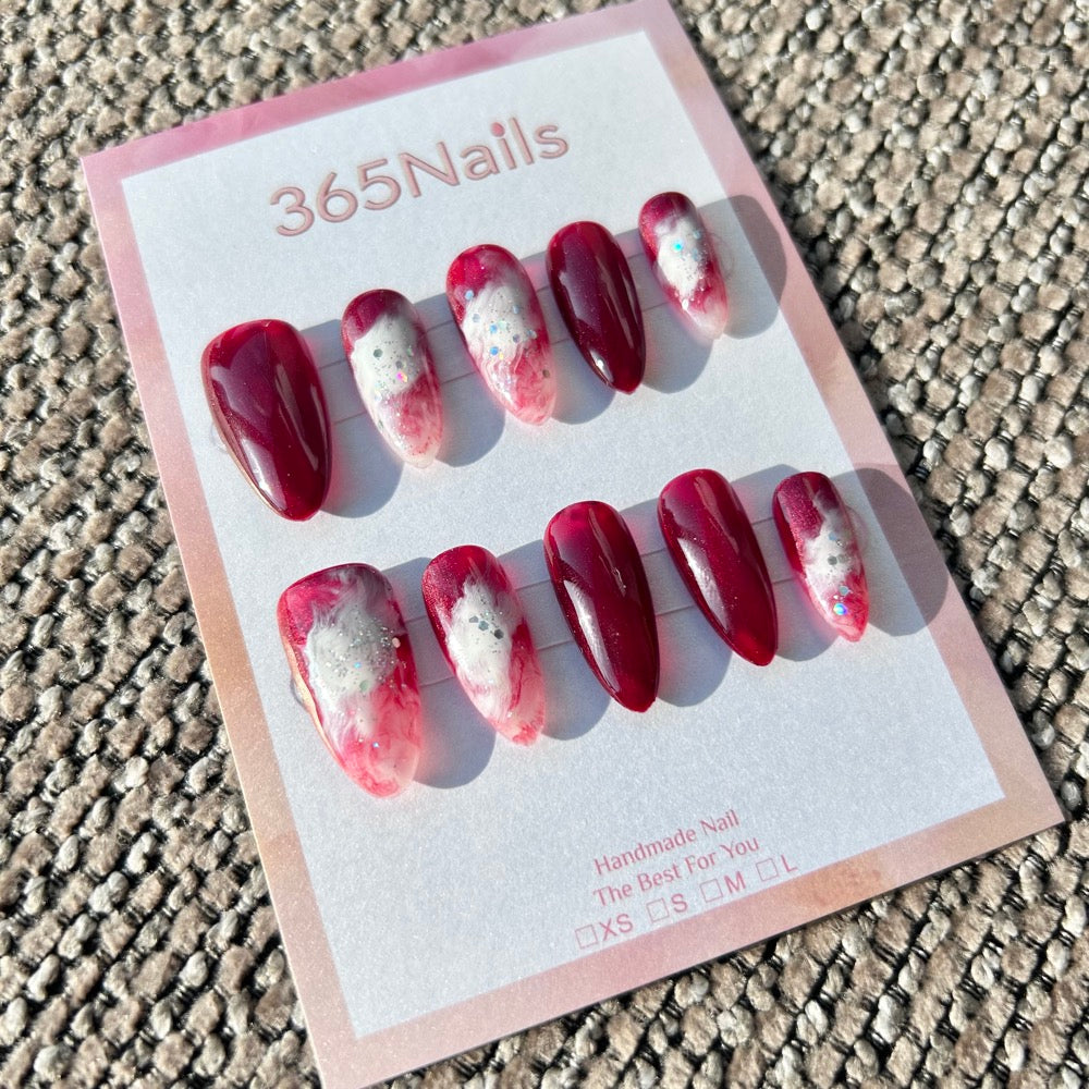 Snow Top Red Velvet & Tipsy Mulled Wine Vintage Burgundy White Marble Nails ｜ Handmade Smudge Series(moq=30)
