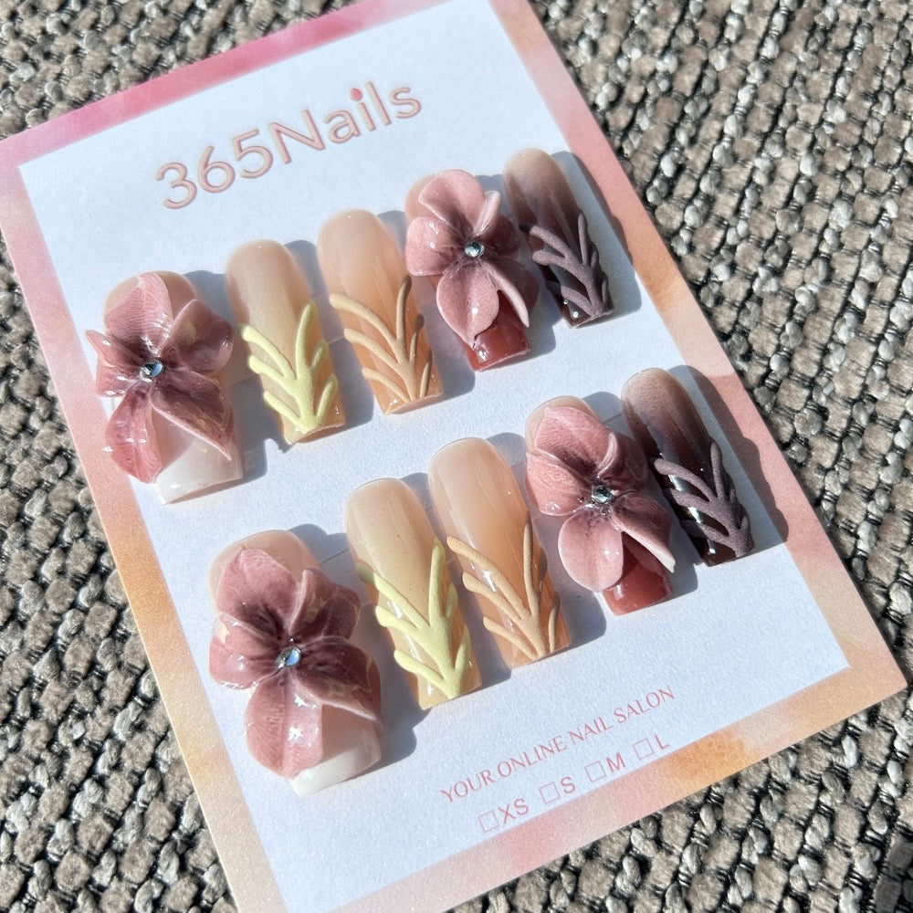 Sculpted Flora: "Velvet Autumn Bloom" – 3D Translucent Mauve Flowers & Flocked Velvet Vines on Gradient Square Nails