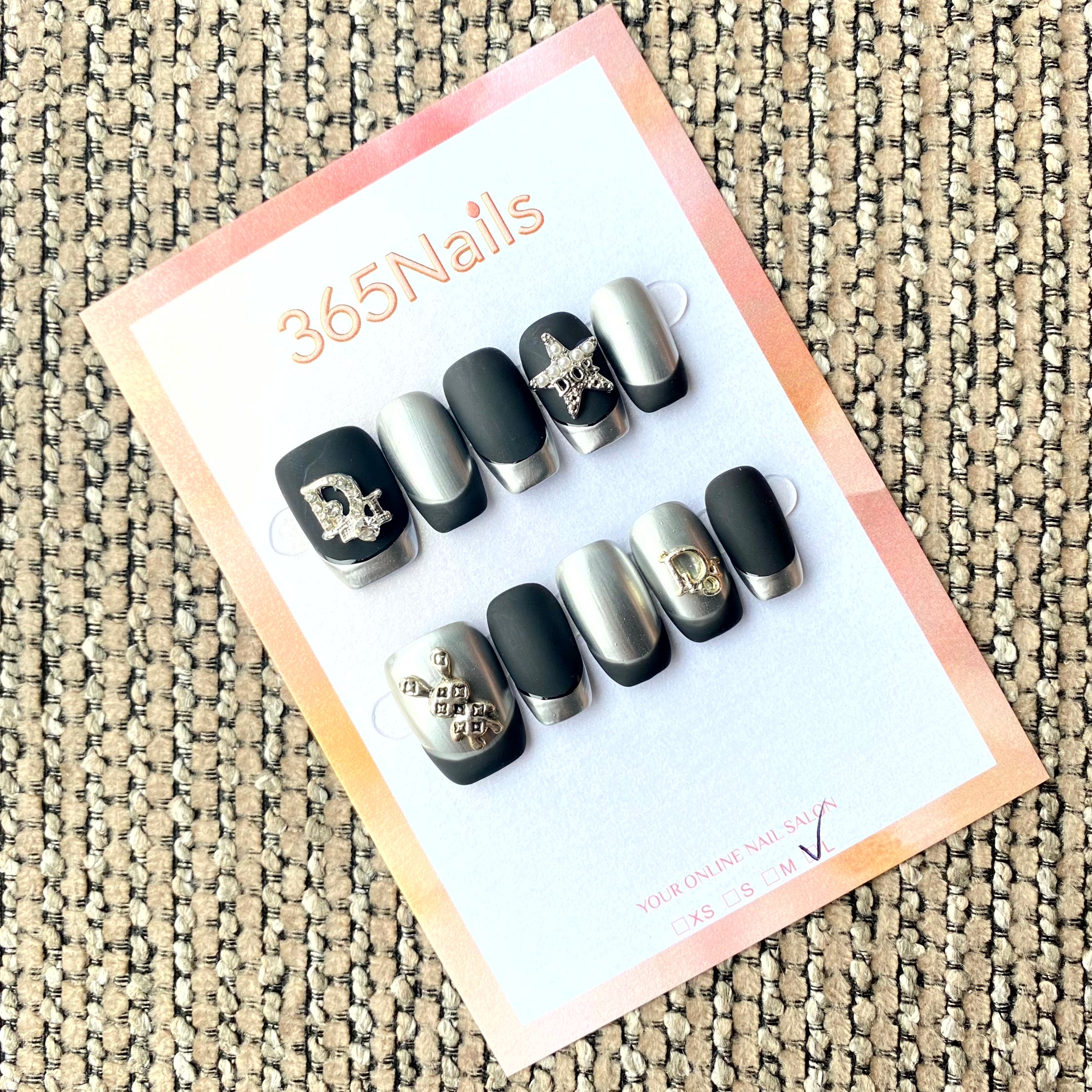 Luxury Logo 365nails: "Matte Silver Couture" – 3D Star Bunny & French Handmade Squoval Nails
