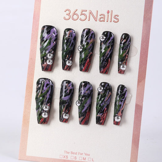 365nails night graffiti black base with ripple rhinestones press-ons