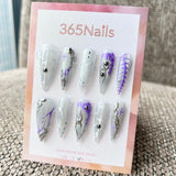 Femme Fatale: "Violet Voltage" – Silver Cat Eye Base with Neon Purple Tribal, Bio-Spine Art & Liquid Chrome Long Stiletto Nails