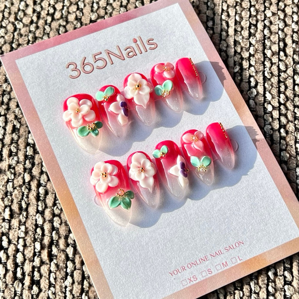 365nails: "Red Gradient Floral" – Handmade Medium Almond Press-On Nails