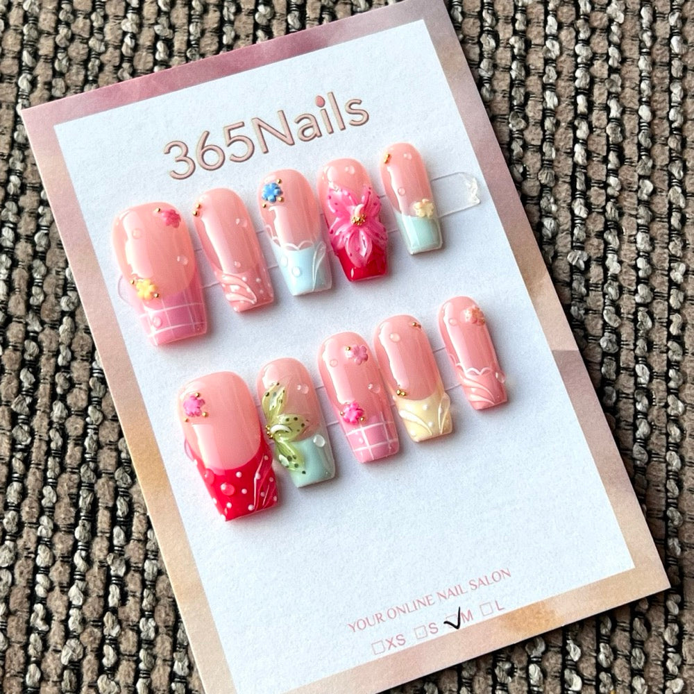 Coral Citrus Glow - Pink Orange Floral Press-On Nails