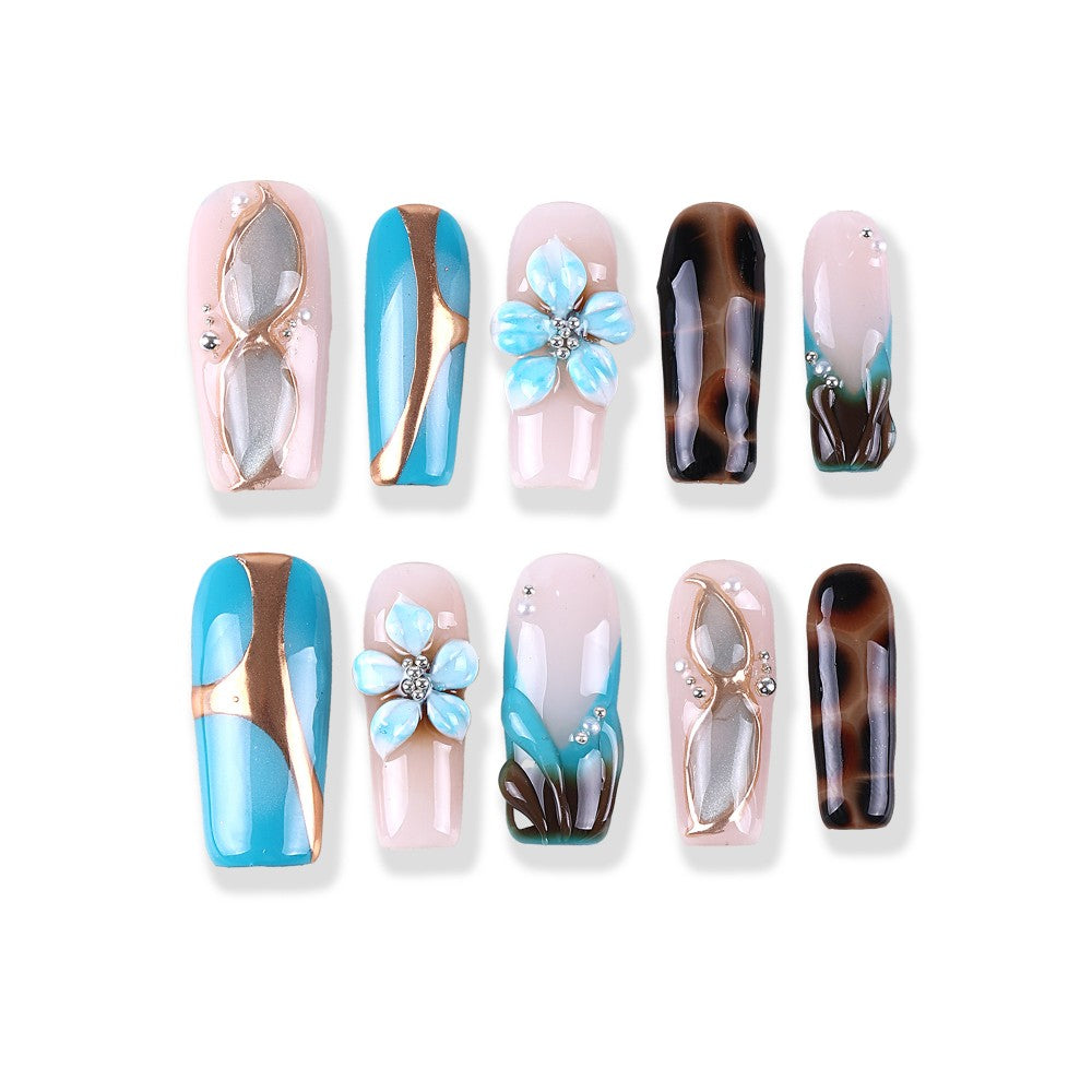 Aquamarine gold pattern × brown cat's eye 3D floral diamond setting press on nail