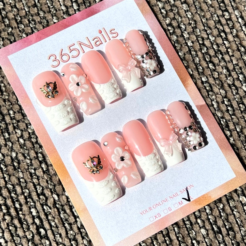 365nails: "Angelic Whispers" – 3D Floral & Jewel Handmade Almond Nails