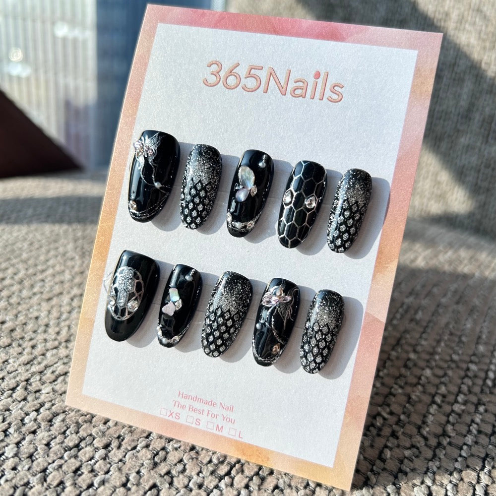 Luxury Logo The Gilded Serpent: "Silver Viper" – Black & Silver Gothic Snake Press-On Nails with 3D Bow & Shell Accents
