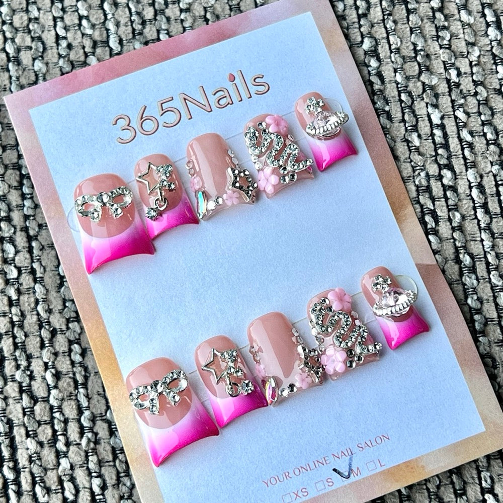 365nails: "Pink Gradient Rhinestone Charm" – Handmade Short Trapezoid Press-On Nails