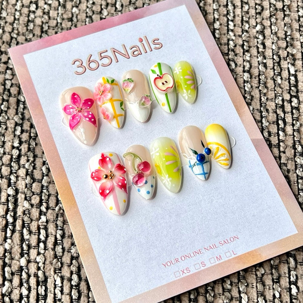 365nails: "Orchard Bloom" – 3D Floral & Fruit Handmade Medium Almond Press On Nails