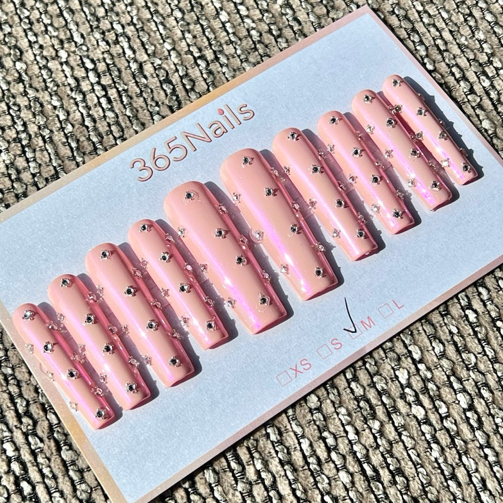 365nails: "Blush Crystal Sprinkle" – All-Over Rhinestone Embellished Pink Press-On Nails