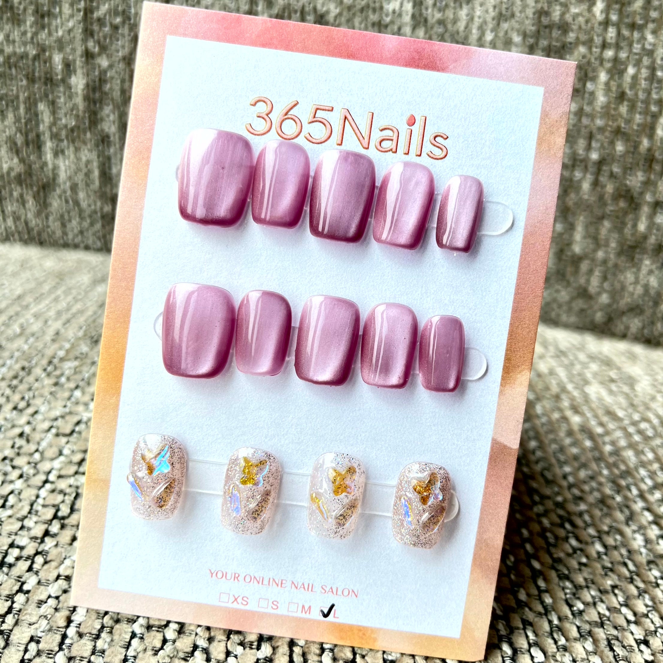 365nails: "Mauve Butterfly" – Pink Cat-Eye & Aurora Shard Handmade Squoval Nails