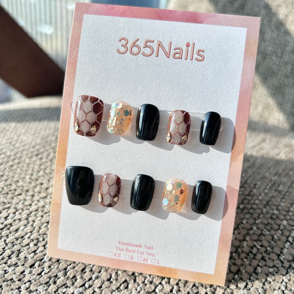 The Gilded Serpent: "Amber Python" – Chocolate Brown & Black with Gold Sequin Glitter Handmade Press-On Nails