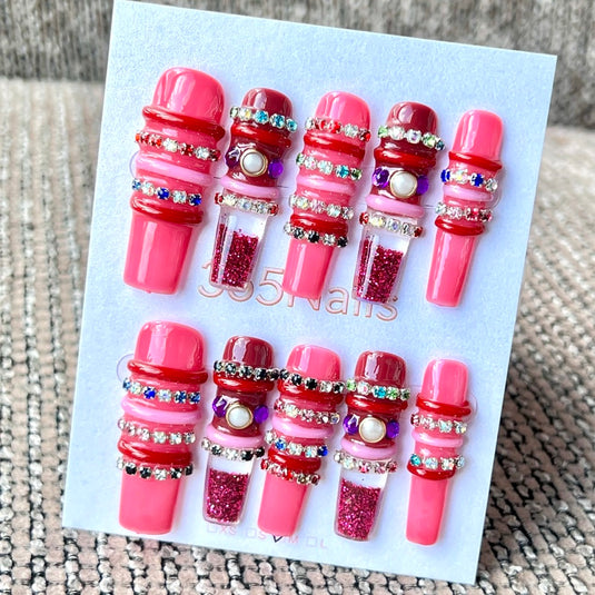 365nails: "Candy Pink Glow" – Handmade Liquid Motion Press-On Medium Square Nails-4cm