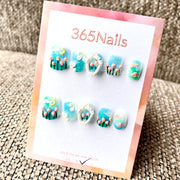 365nails: "Azure Daydream" – Unhas Curtas Artesanais Florais e Celestiais 3D