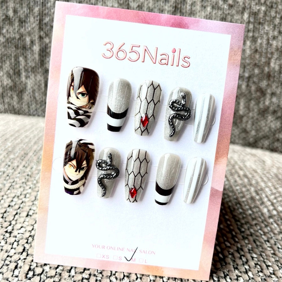 365nails: "귀멸의 칼날 오바나이 이구로" – 수제 숏 사다리꼴형 프레스온 네일