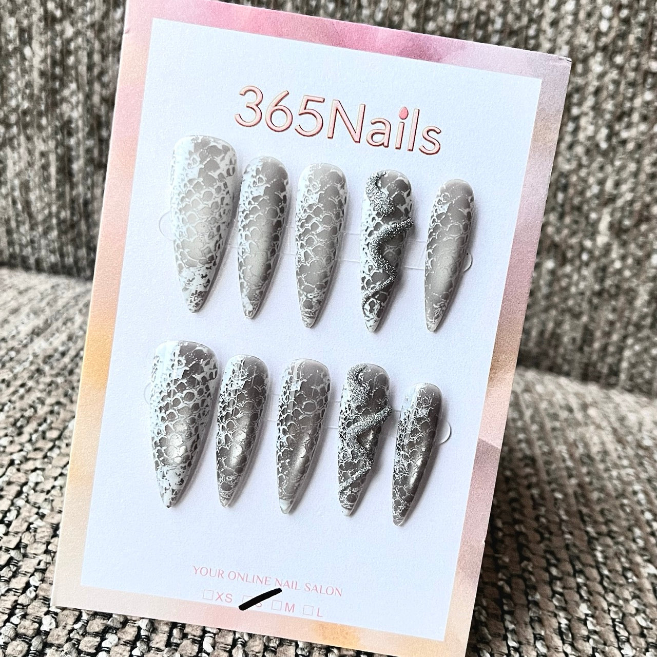 Grey White Lace Snake 3D Charm Stiletto Press-On Nails