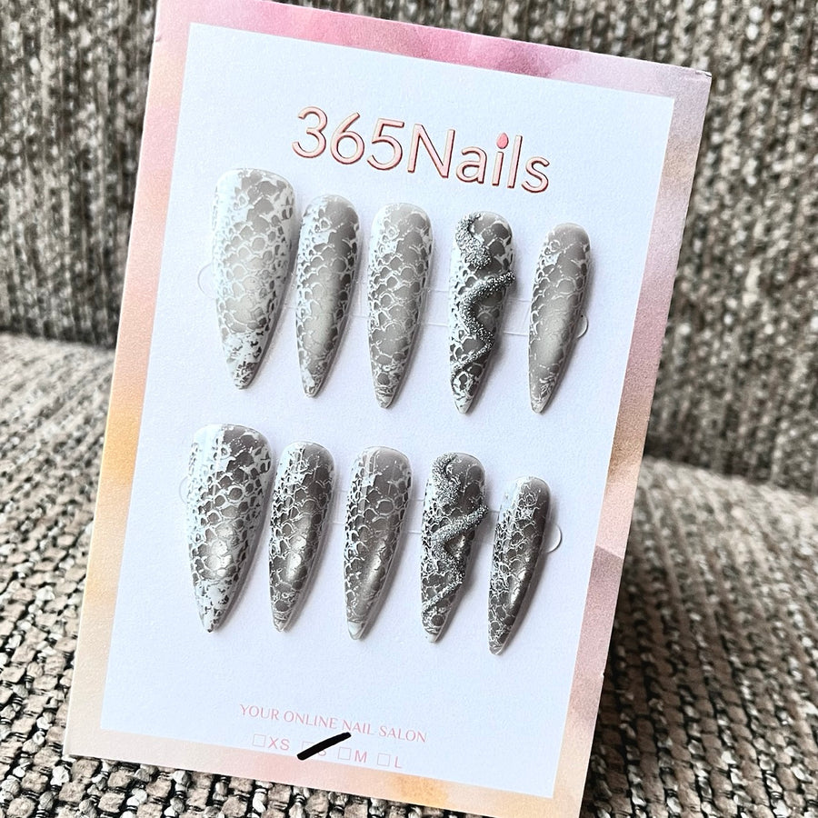 Grey White Lace Snake 3D Charm Stiletto Press-On Nails