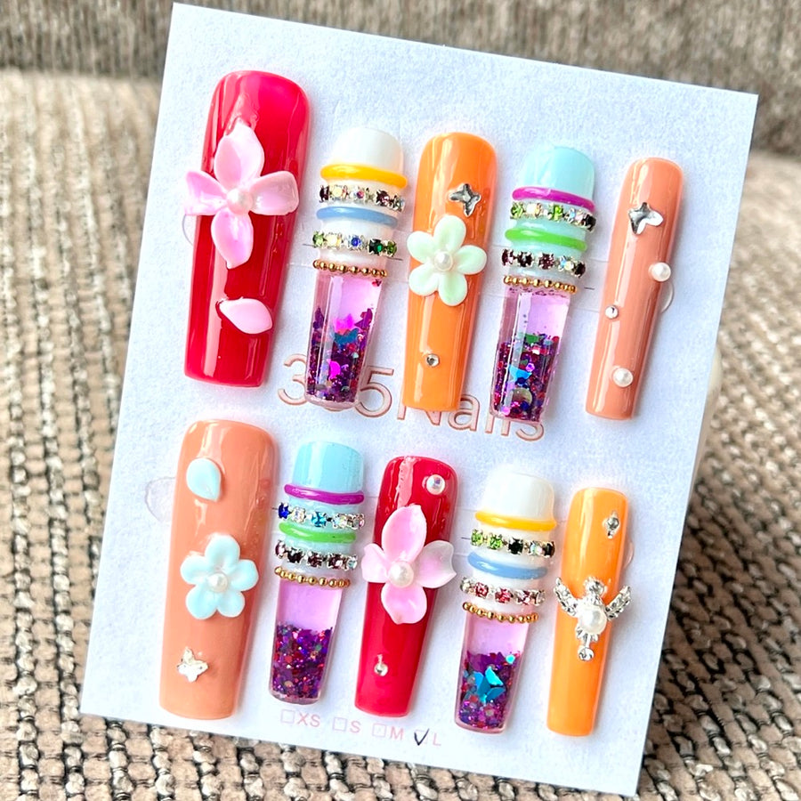 365nails: "Tropical Candy Bloom" 수제 리퀴드 모션 프레스온 네일 — 미디엄 스퀘어형 4cm