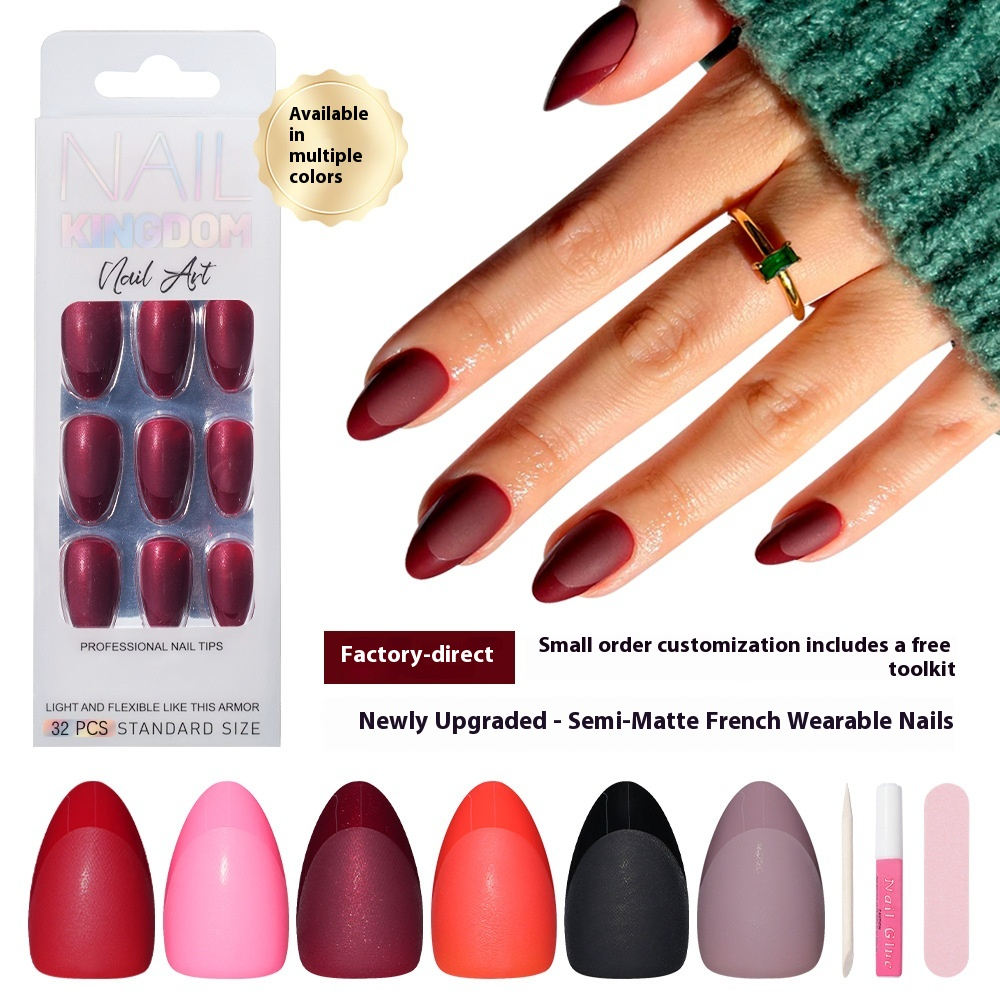 Nail Art Premium Sense Semi-Frosted French Almond Nail Short Removable Patch Fake Nail Finished press on nails