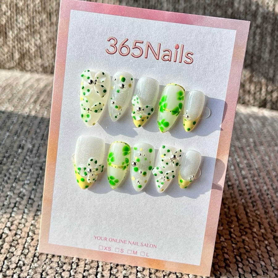 365nails: "Green Clover Bow" – Handmade Medium Press-On Nails