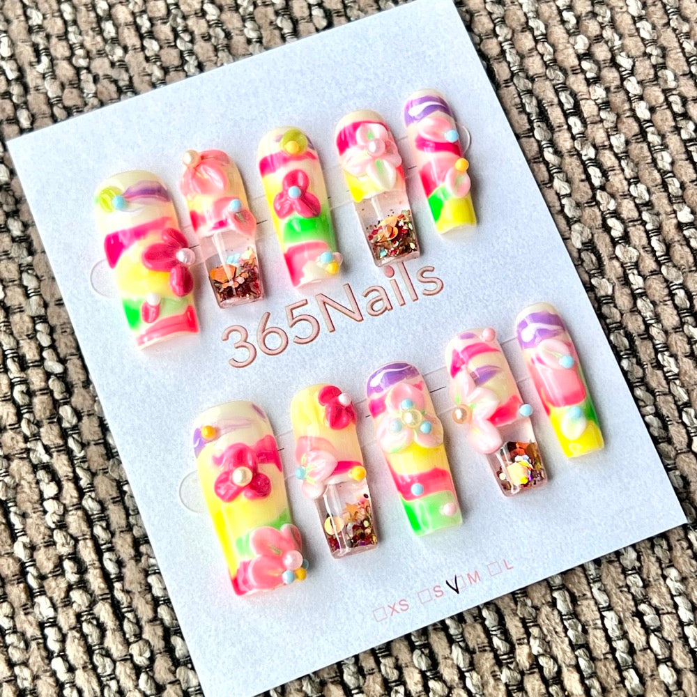 365nails: "Candy Swirl Bloom" – Handmade Liquid Motion Press-On Medium Square Nails-3cm