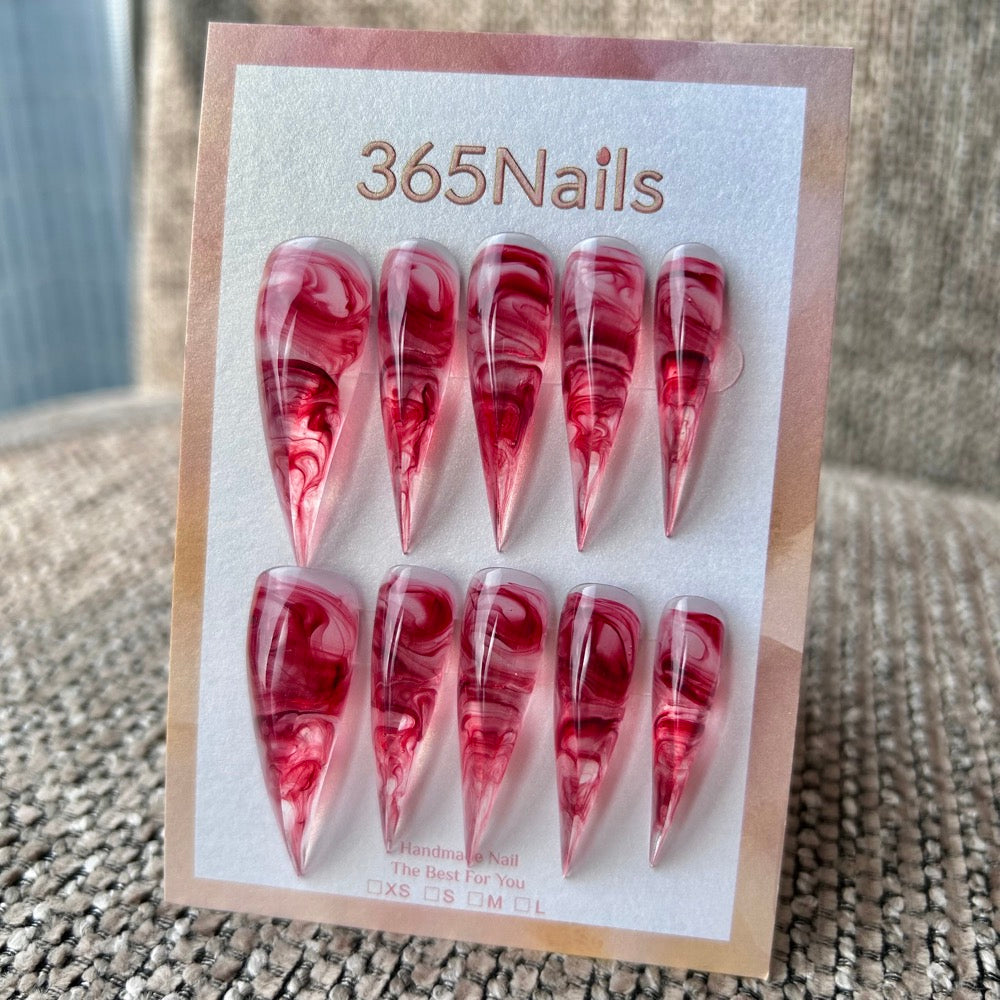 Cranberry Swirl Dragon Claw Stiletto Clear Jelly Red Marble｜365Nails Premium Handmade Dragon Nail