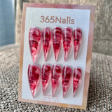 Cranberry Swirl Dragon Claw Stiletto Clear Jelly Red Marble｜365Nails Premium Handmade Dragon Nail