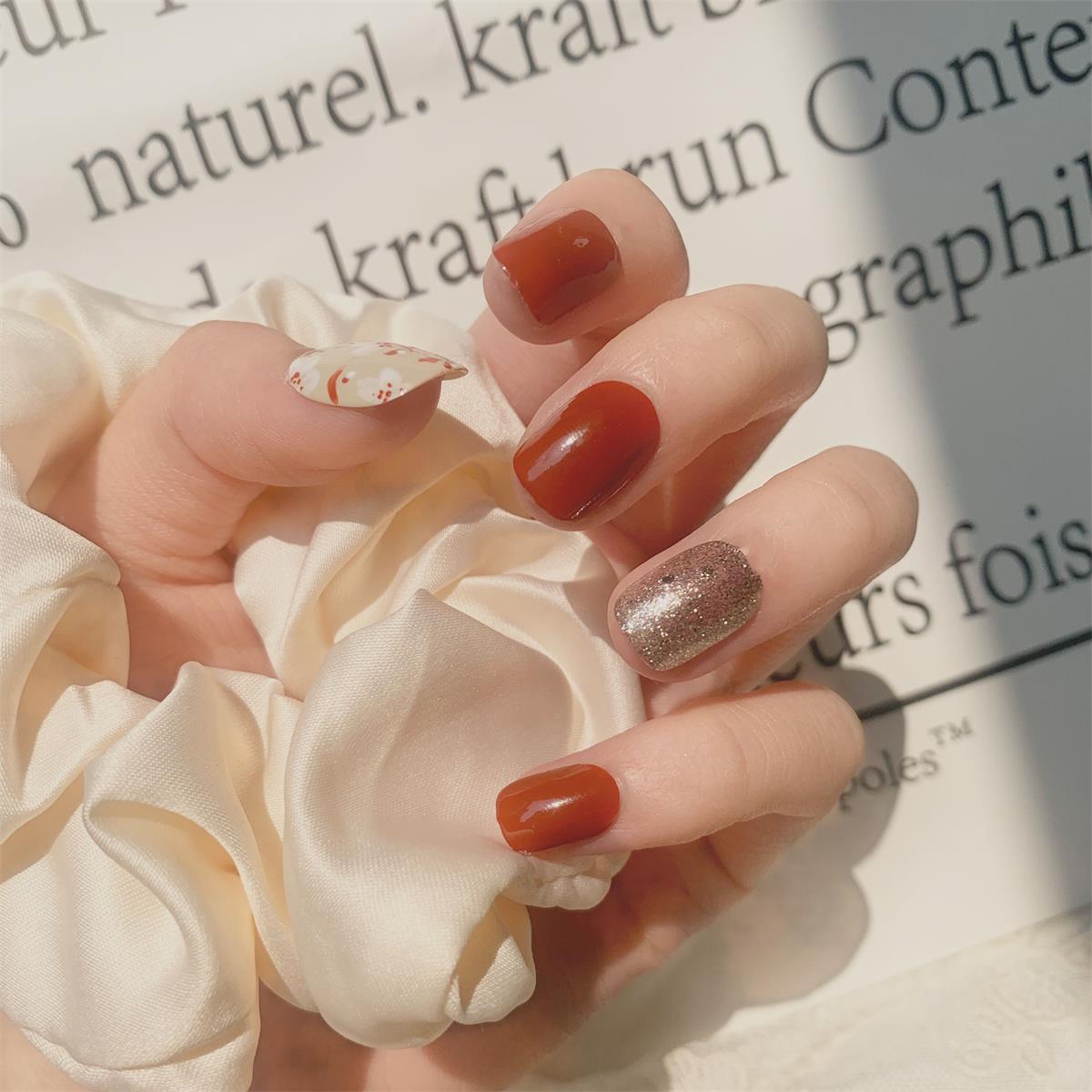 Platycodon red floral press-on nails finished whitening nail patch nail patch fake nail waterproof factory direct sales｜365nails