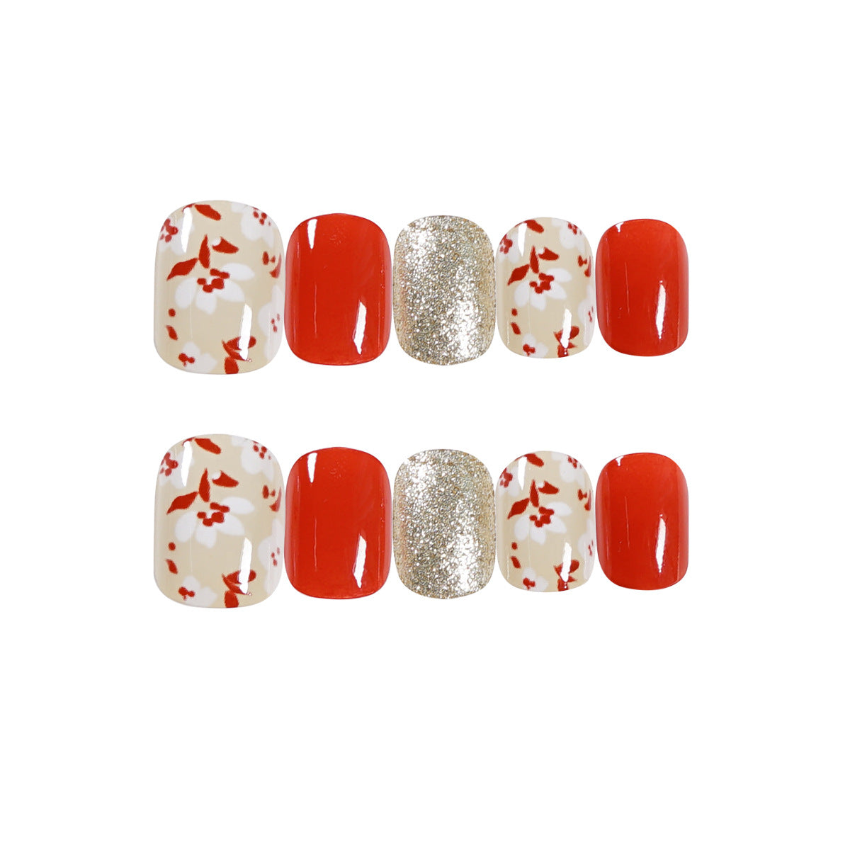 Platycodon red floral press-on nails finished whitening nail patch nail patch fake nail waterproof factory direct sales｜365nails