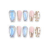 Blue and Nude Metallic Press-On Nails with 3D Silver Lines and Pearl Beads