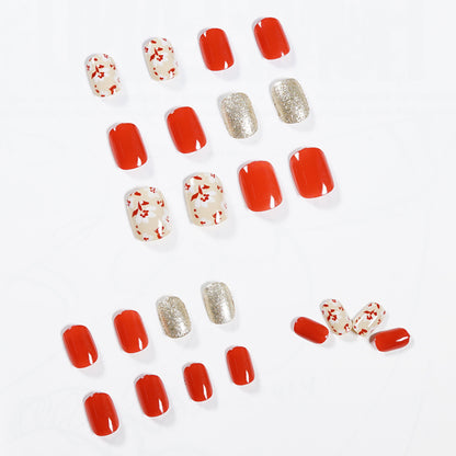 Platycodon red floral press-on nails finished whitening nail patch nail patch fake nail waterproof factory direct sales｜365nails