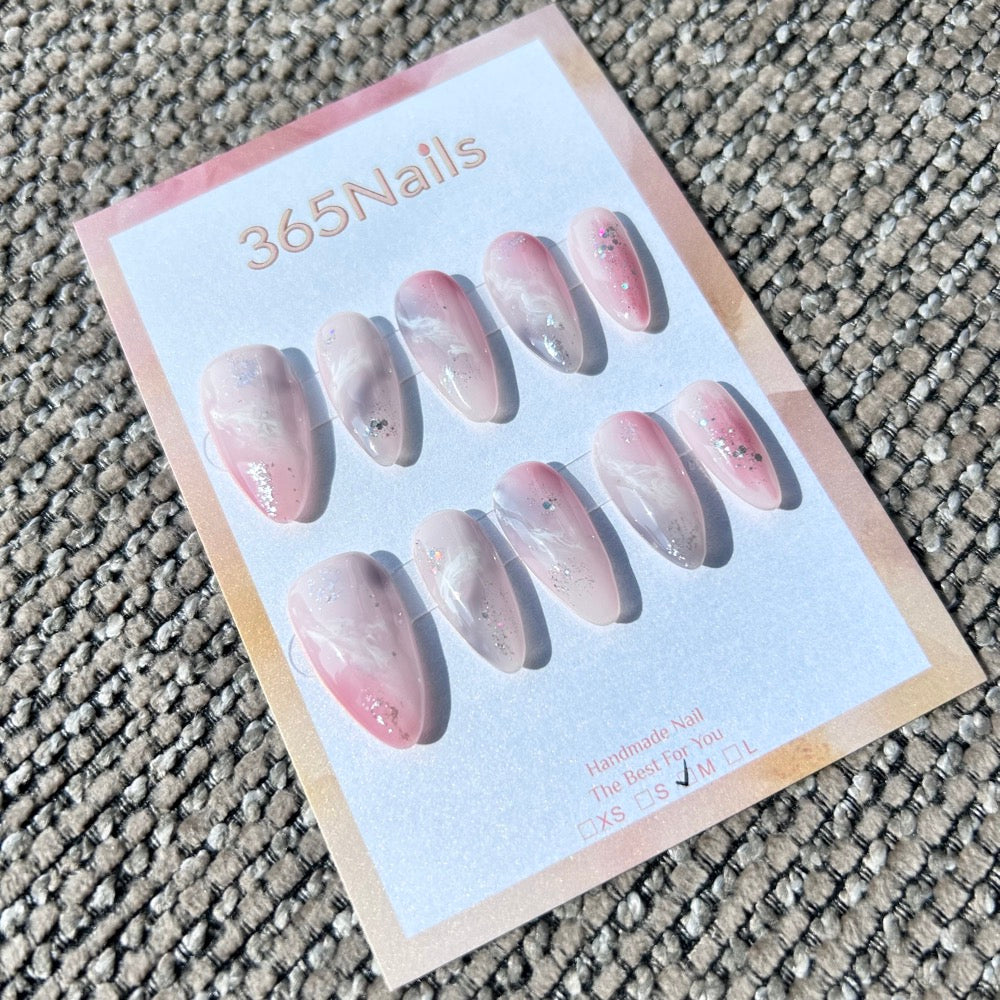 Ethereal Ink: "Rosy Cloud Mist" – Translucent Pink Blush Ombre & Milky Smoke Marble with Silver Glitter Almond Nails