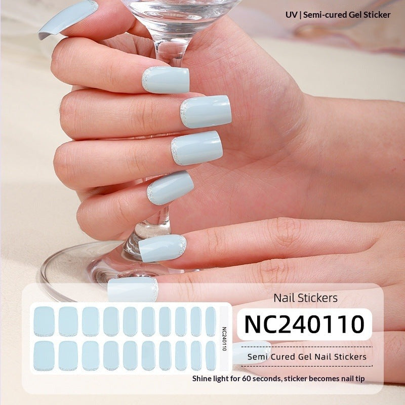 Semi-Cured Gel Nail Strips French Glitter Pink Sparkle Glossy Set (MOQ=3)