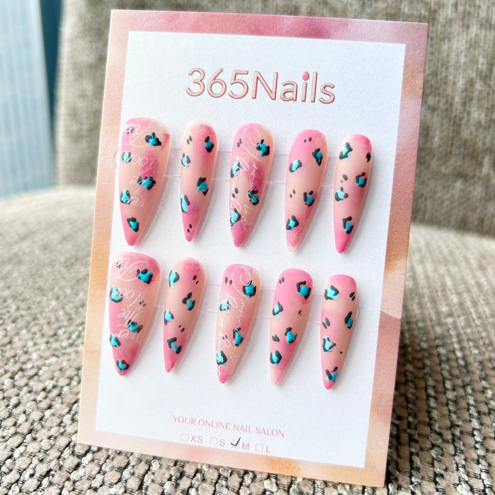 Femme Fatale: "Pink Panther" – Matte Nude to Rose Ombre with Turquoise & Black Leopard Print & White Cursive Text Long Stiletto Nails