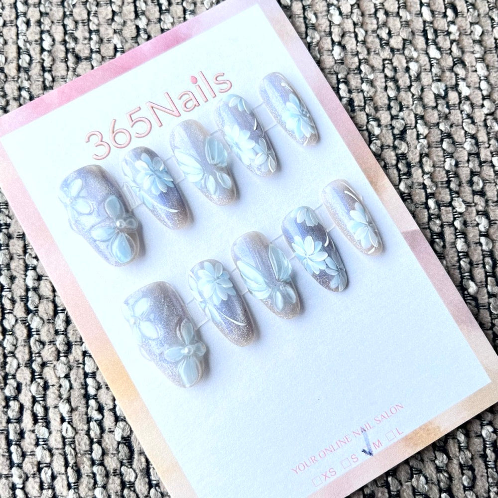365nails: "Misty Blue" – 3D Floral Handmade Medium Coffin Nails