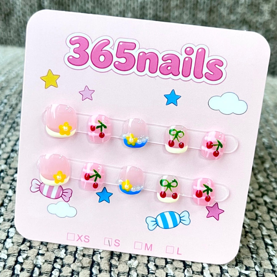 365nails: "Cherry Garden" – 3D Floral & Fruit Handmade Short Square Nails