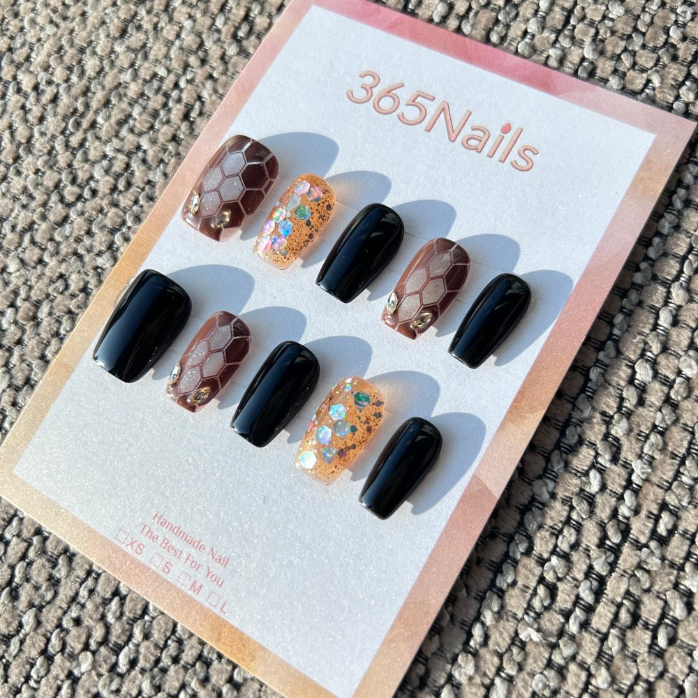 Luxury Logo The Gilded Serpent: "Amber Python" – Chocolate Brown & Black with Gold Sequin Glitter Handmade Press-On Nails
