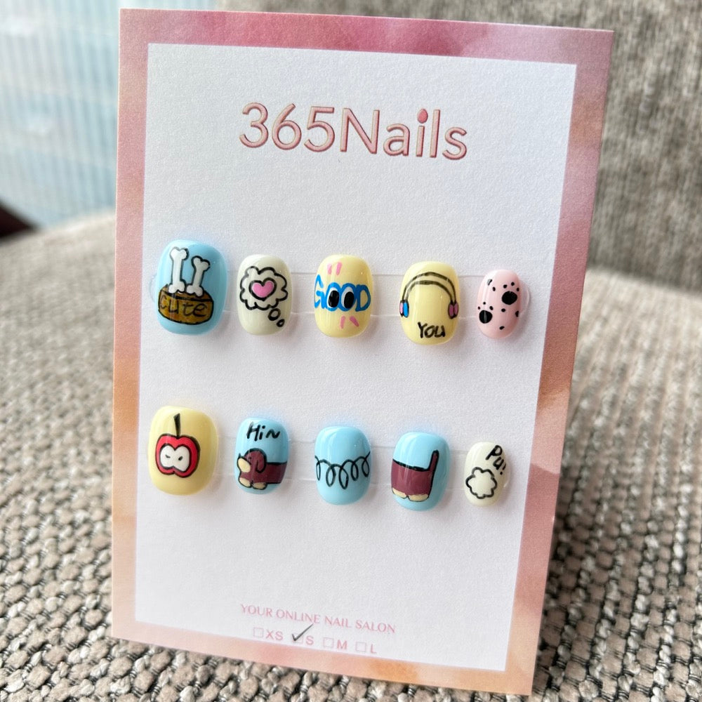 Cartoon & Dopamine: "Slinky Dog Fun" – 3-Part Dachshund, Bone Bowl & Headphones Graffiti Short Nails