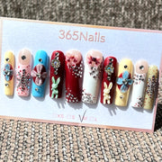 365nails: "Dreamy Wonderland" – 3D Bunny & Floral Handmade Long Coffin Nails