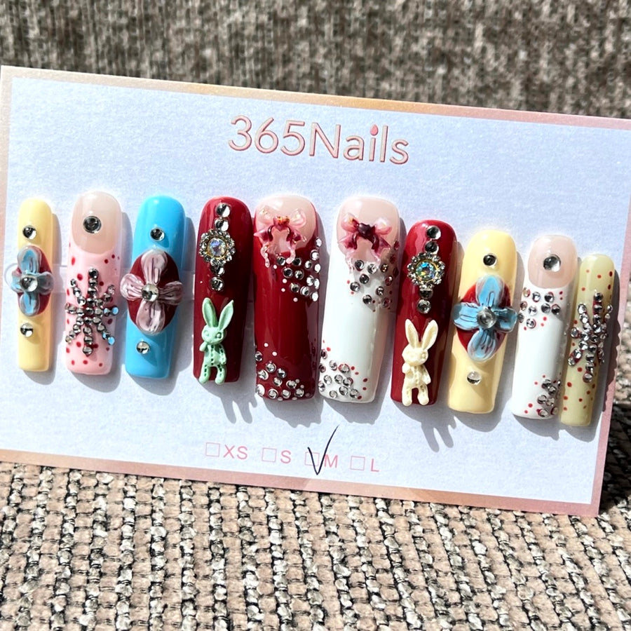 365nails: "Dreamy Wonderland" – 3D Bunny & Floral Handmade Long Coffin Nails