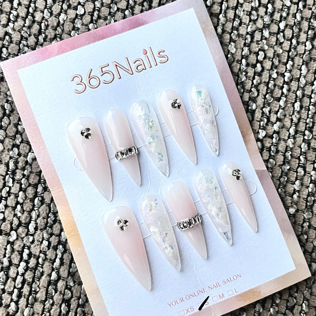 Elegant Almond Nude Jelly Press-On Nails with 3D Rhinestones