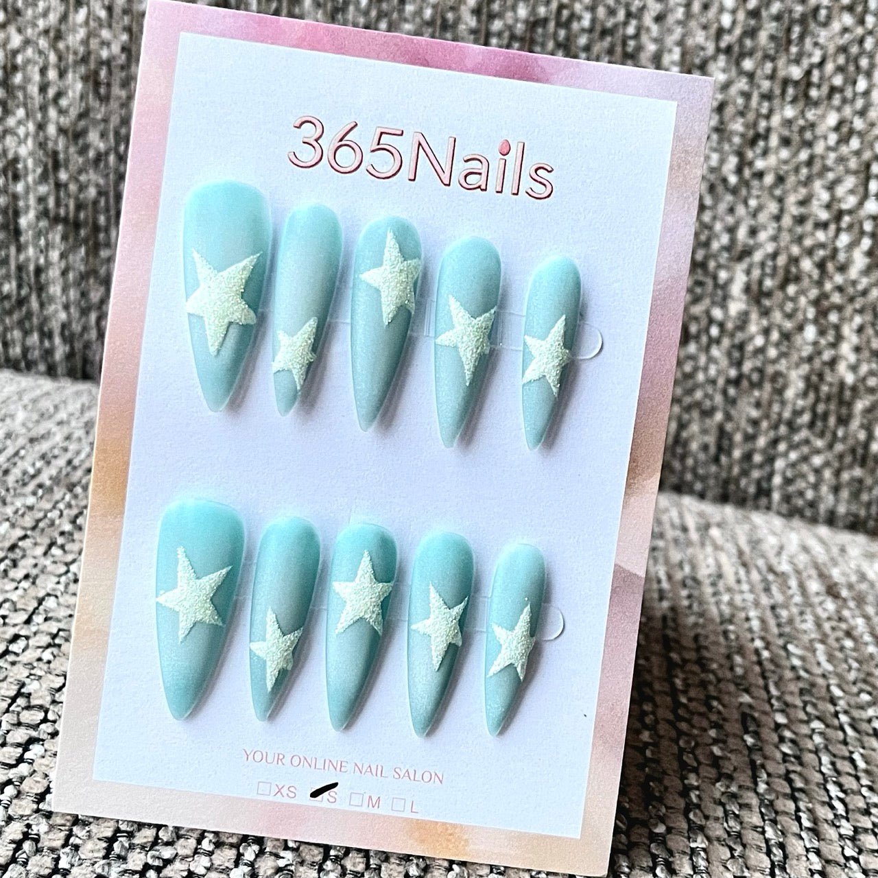 Light Blue Matte Almond Press-On Nails with White 3D Stars