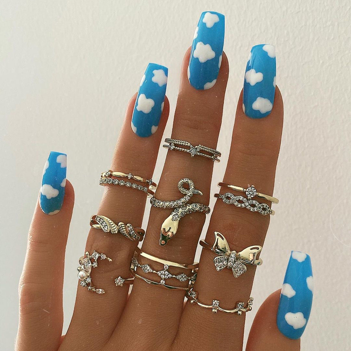 Unhas postiças curtas de balé azul-celeste com acabamento em nuvem, remendo para unhas, remendo para unhas à prova d'água e removível｜365nails